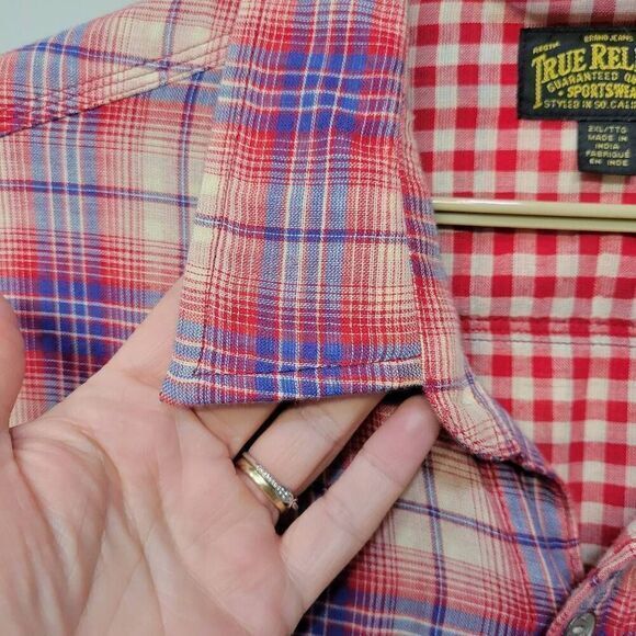 True‎ Religion Shirt Men 2XL Red Tartan Plaid Gingham Double Lined Long Sleeve - Picture 4 of 11